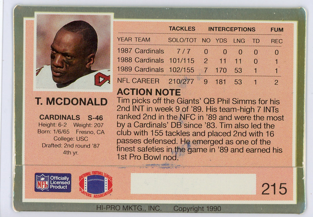 Tim Mcdonald Autographed 1990 Action Packed Card #215 Phoenix Cardinals #134703 Image a