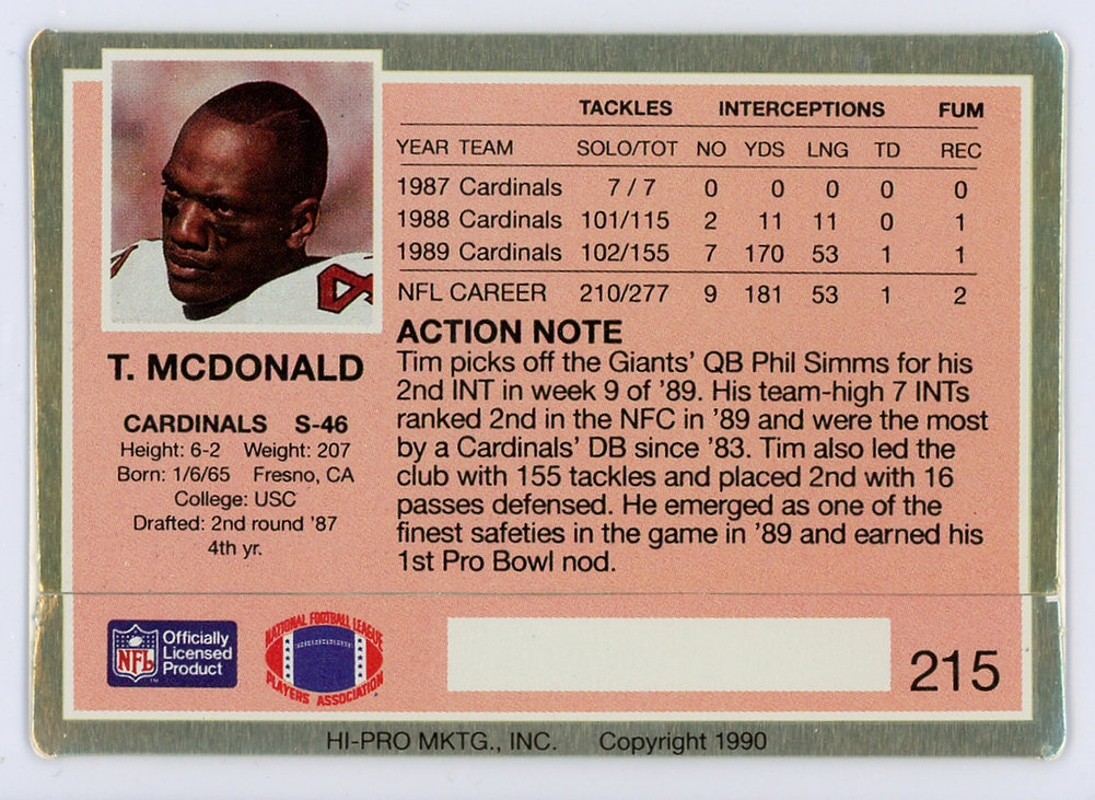Tim Mcdonald Autographed 1990 Action Packed Card #215 Phoenix Cardinals #134702 Image a