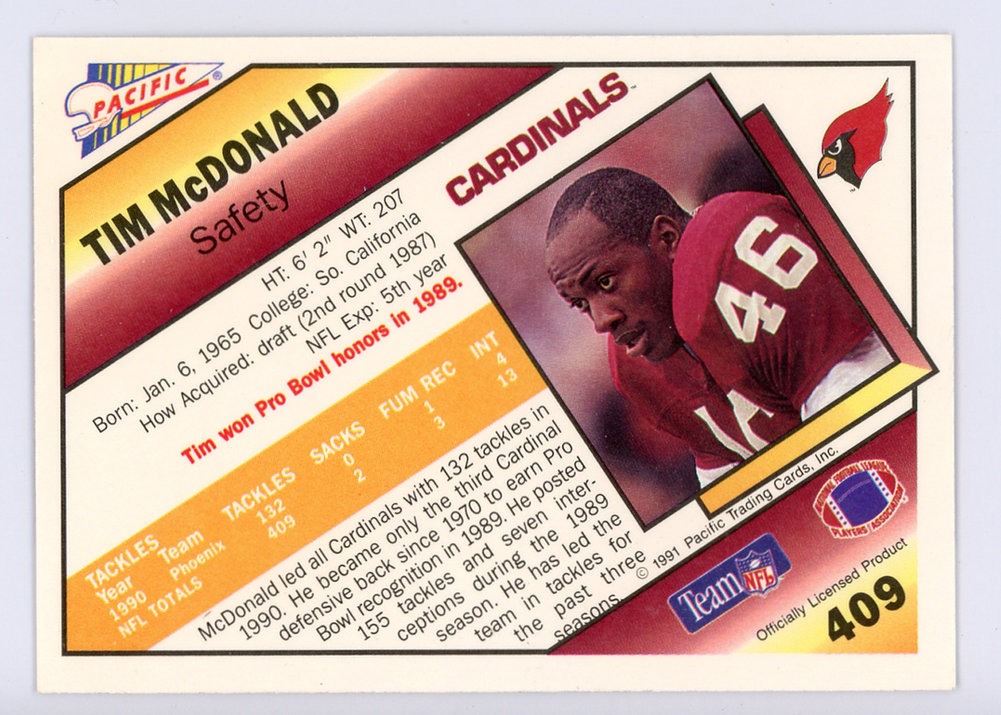 Tim Mcdonald Autographed 1991 Pacific Card #409 Phoenix Cardinals #134711 Image a