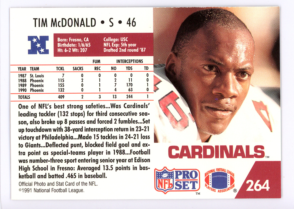 Tim Mcdonald Autographed 1991 Pro Set Card #264 Phoenix Cardinals #134714 Image a