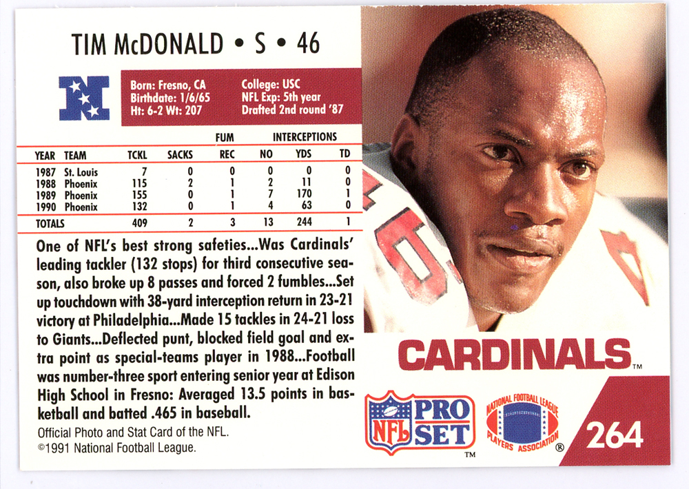 Tim Mcdonald Autographed 1991 Pro Set Card #264 Phoenix Cardinals #134713 Image a