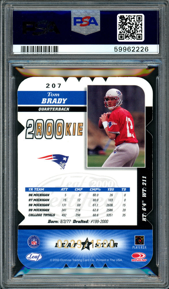 Tom Brady Autographed Signed 2000 Leaf Certified Die Cut Rookie Card #207 New England Patriots PSA Auto Grade Gem Mint 10 #229/250 PSA/DNA Image a