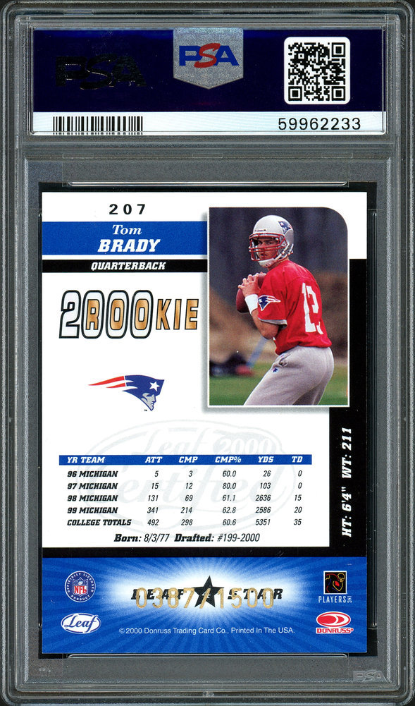 Tom Brady Autographed Signed 2000 Leaf Certified Rookie Card #207 New England Patriots PSA Auto Grade Gem Mint 10 #387/1500 PSA/DNA Image a