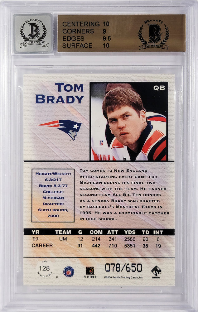 Tom Brady Autographed Signed 2000 Pacific Private Retail Rookie Card #128 New England Patriots Bgs 9.5 Auto Grade Gem Mint 10 #78/650 Beckett Beckett Image a