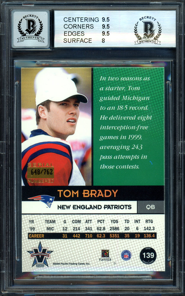 Tom Brady Autographed Signed 2000 Pacific Vanguard Rookie Card #139 New England Patriots Bgs 9 Auto Grade Gem Mint 10 #648/762 Beckett Beckett Image a
