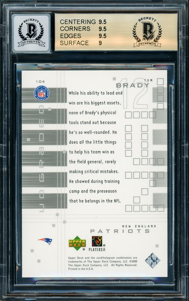 Tom Brady Autographed Signed 2000 UDA Ud Graded Rookie Card #104 New England Patriots Bgs 9.5 Auto Grade Gem Mint 10 #540/1325 Beckett Beckett Image a