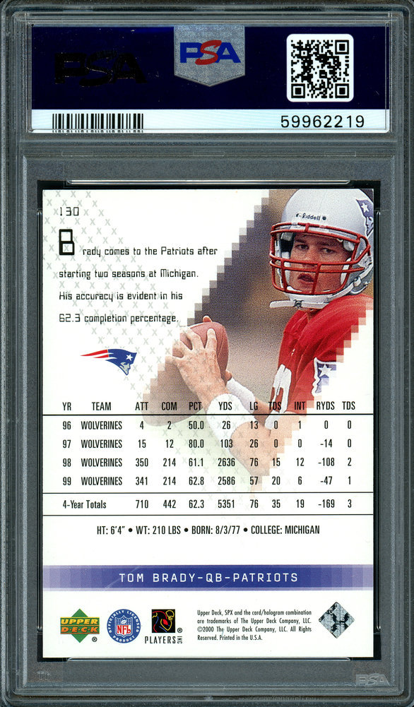 Tom Brady Autographed Signed 2000 Upper Deck SPX Rookie Card #130 New England Patriots PSA 8 Auto Grade Gem Mint 10 #876/1350 PSA/DNA Image a