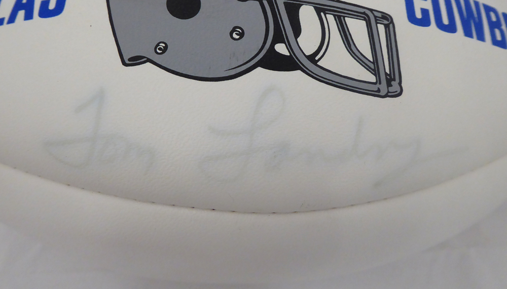Tom Landry Autographed Dallas Cowboys White Panel Football (Light) Beckett Beckett Image a