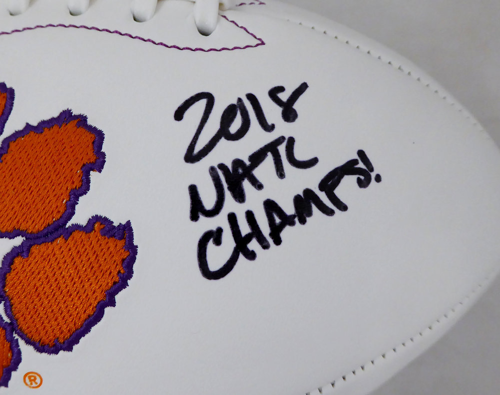 Travis Etienne Autographed Signed Clemson Tigers White Logo Football "2018 Natl Champs" Beckett Beckett Image a
