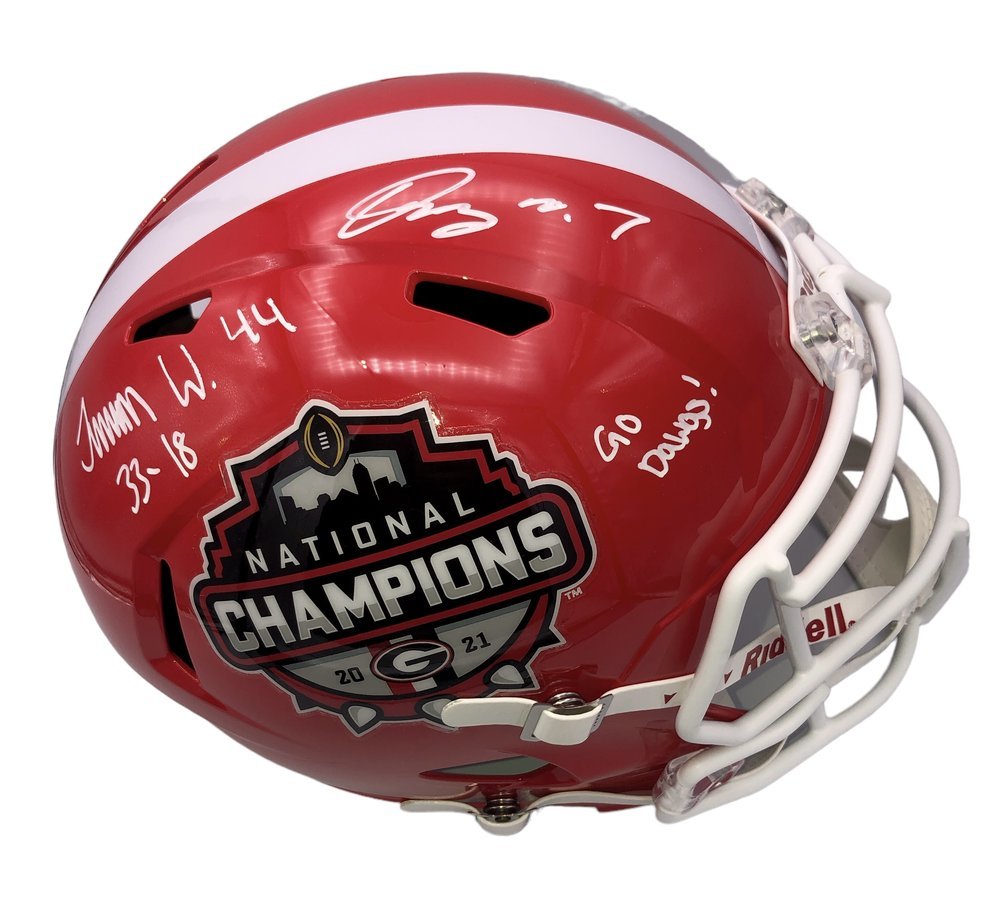 Travon Walker & Quay Walker Autographed Signed Georgia Bulldogs 2021 National Championship Logo Riddell Speed Replica Full Size Helmet with 33-18 & Go Dawgs Inscription - Beckett Authentic Image a