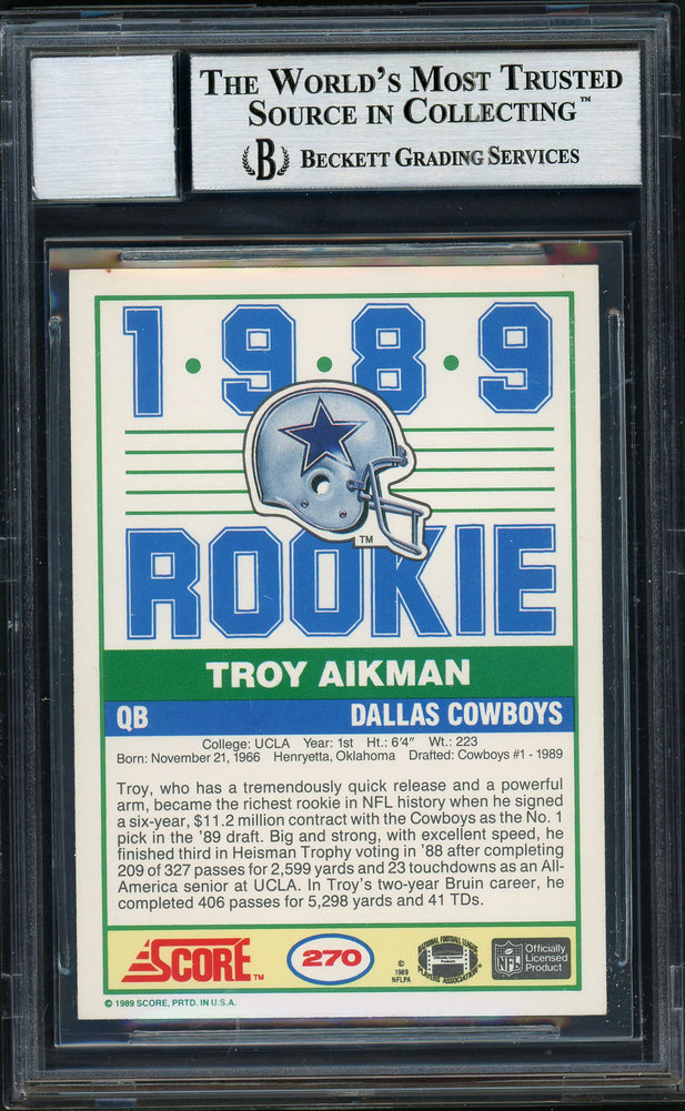 Troy Aikman Autographed Signed 1989 Score Rookie Card #270 Dallas Cowboys Auto Grade Gem Mint 10 Beckett Beckett Image a