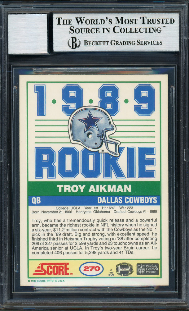 Troy Aikman Autographed Signed 1989 Score Rookie Card #270 Dallas Cowboys Auto Grade Gem Mint 10 Beckett Beckett Image a