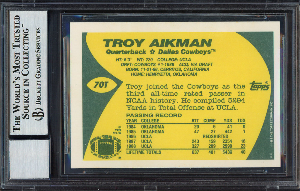 Troy Aikman Autographed Signed 1989 Topps Traded Rookie Card #70T Dallas Cowboys Auto Grade Gem Mint 10 Beckett Beckett #181873 Image a