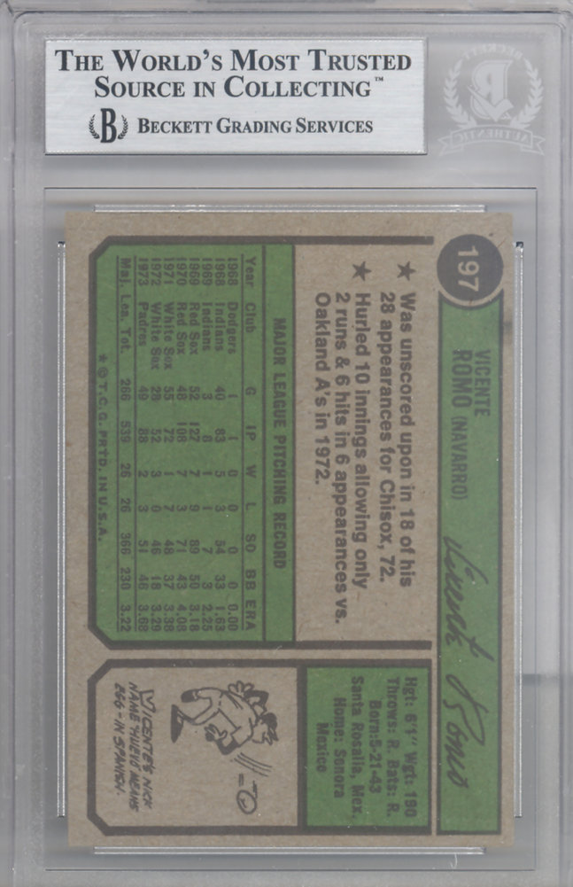 Vicente Romo Autographed 1973 Topps Card #381 San Diego Padres Beckett Beckett Image a
