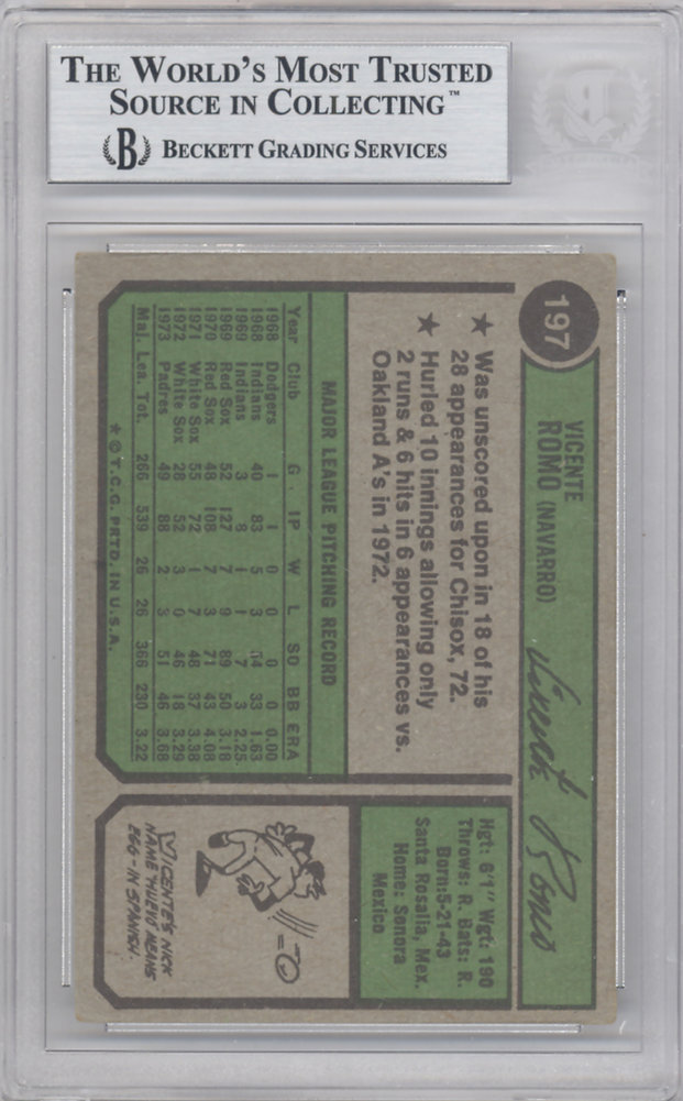 Vicente Romo Autographed 1975 Topps Card #274 San Diego Padres Beckett Beckett Image a