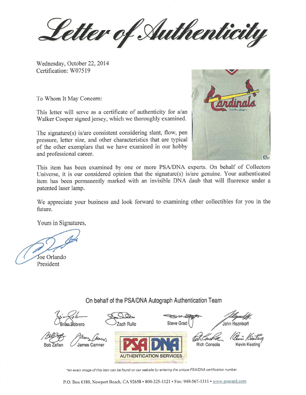 St. Louis Cardinals Walker Cooper Autographed Gray Jersey PSA/DNA Image a
