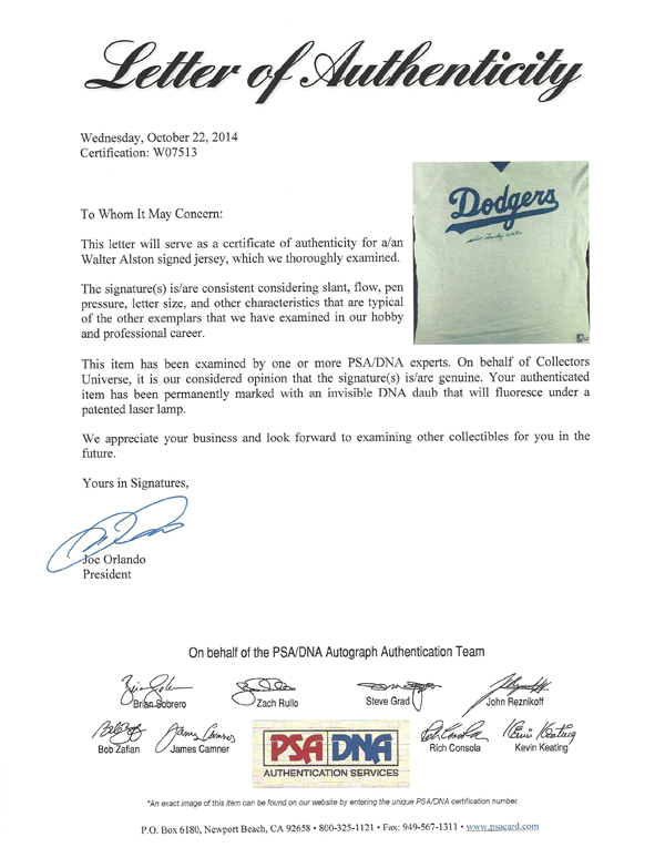 Los Angeles Dodgers Walter "Walt" Alston Autographed White Jersey "Smokey" PSA/DNA Image a