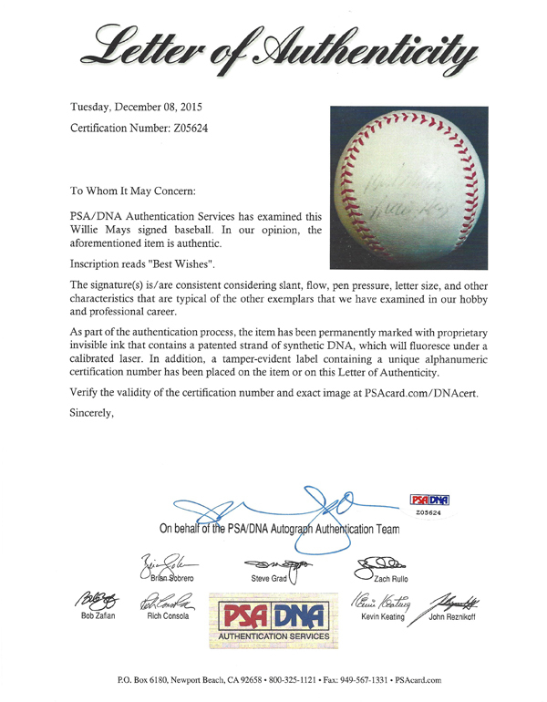 Willie Mays Autographed Signed Nl Giles Baseball San Francisco Giants "Best Wishes" 1950'S Vintage Signature PSA/DNA Image a