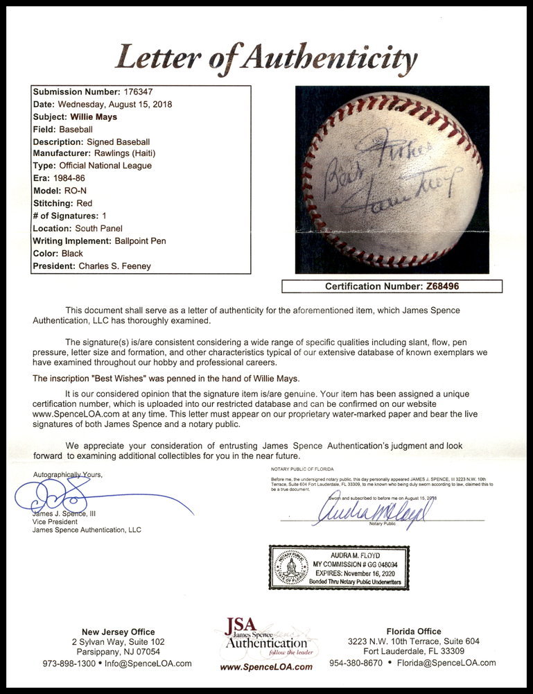 Willie Mays Autographed Official Nl Baseball San Francisco Giants "Best Wishes" JSA Image a