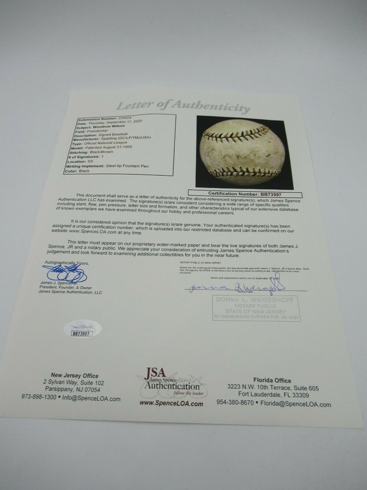 Woodrow Wilson Autographed Signed President Single 1917 National League Baseball PSA & JSA Image a