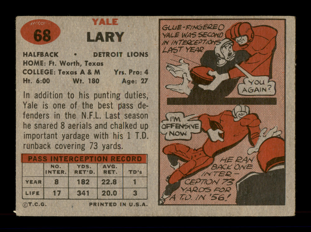 Yale Lary Autographed 1957 Topps Card #68 Detroit Lions #198058 Image a