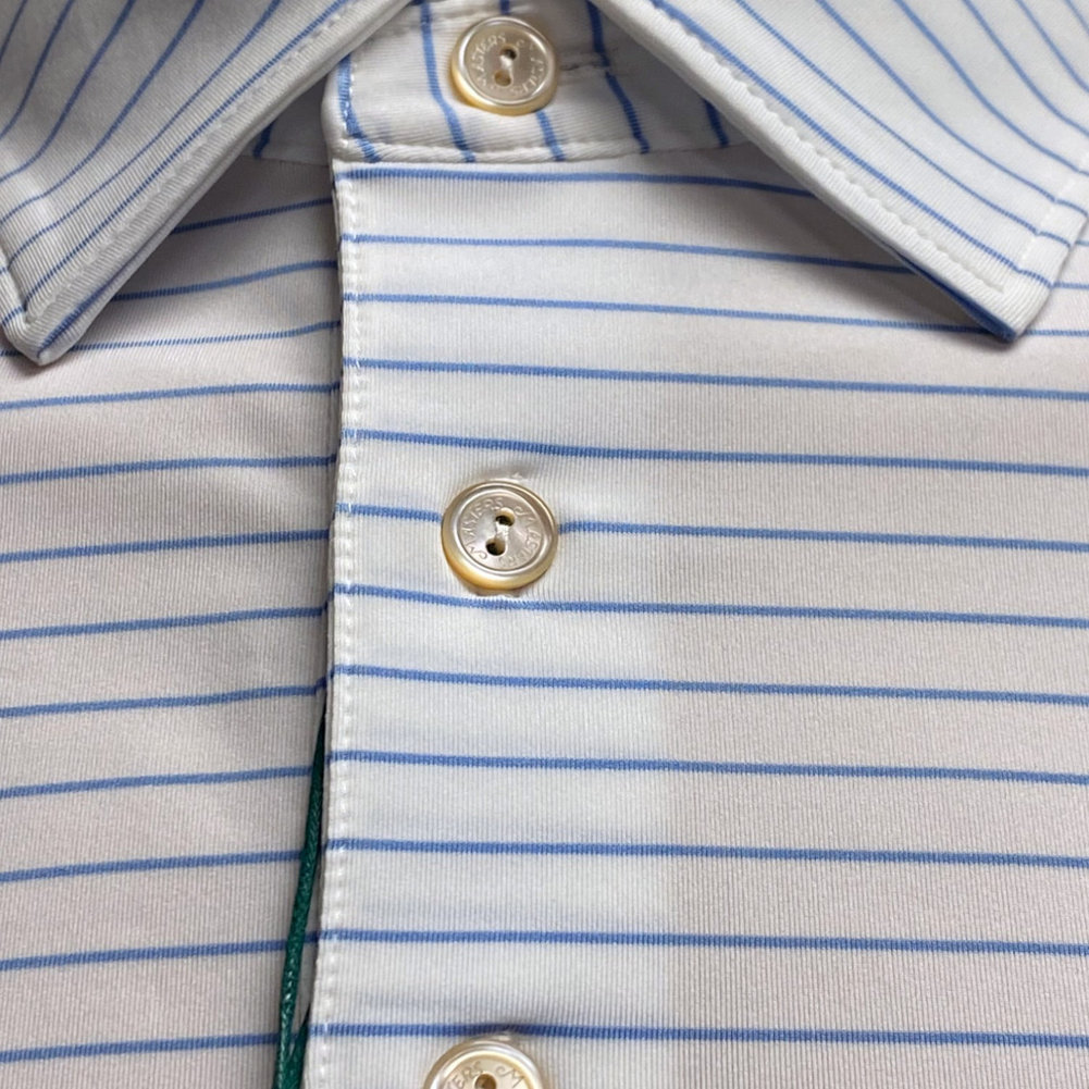 Masters Tech White Performance Golf Shirt Polo with Thin Blue Stripes Image a