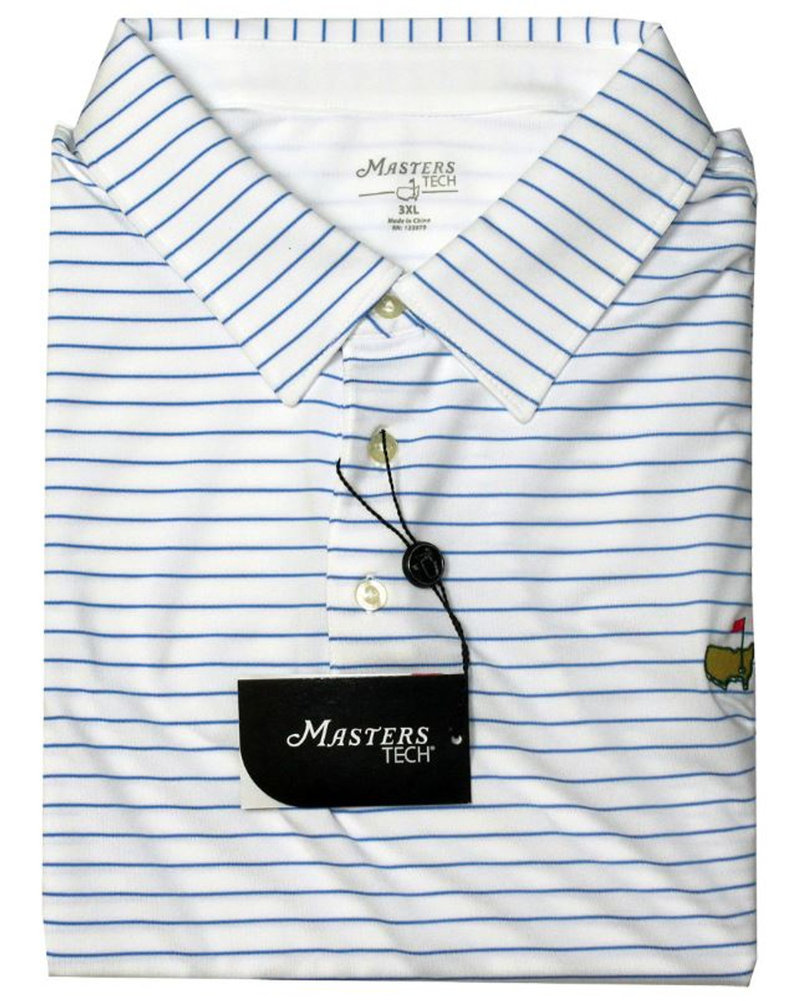 Masters Tech White Performance Golf Shirt Polo with Thin Blue Stripes Image a
