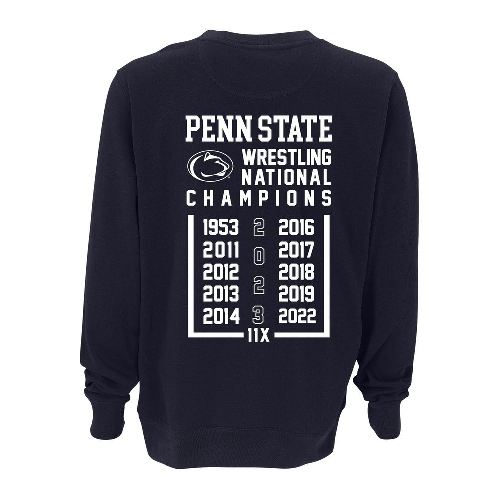 Penn State 2023 11X Wrestling NCAA National Champs Double Sided Crewneck Sweatshirt Navy  Image a
