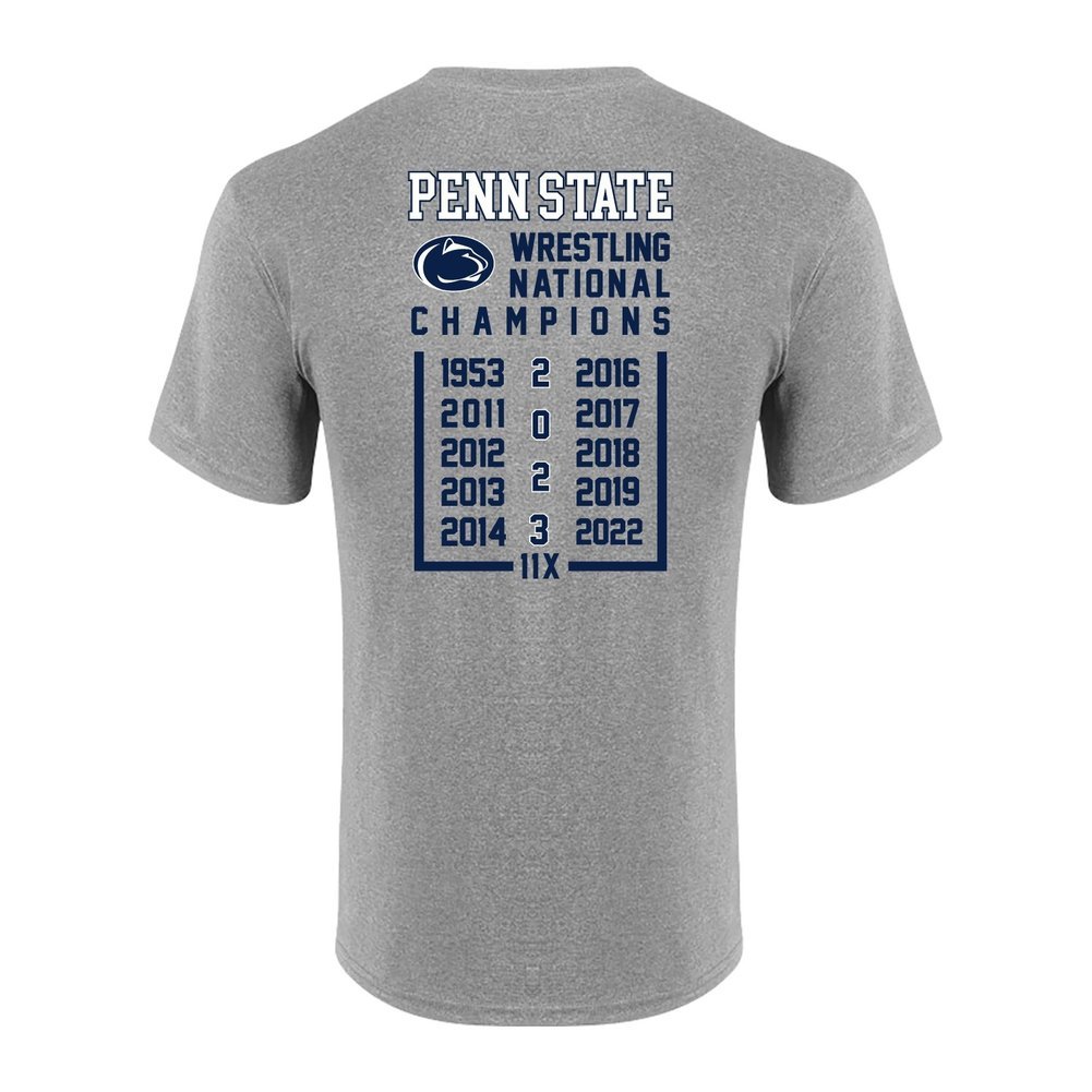 Penn State 2023 11X Wrestling NCAA National Champs Double Sided Tee Grey Image a