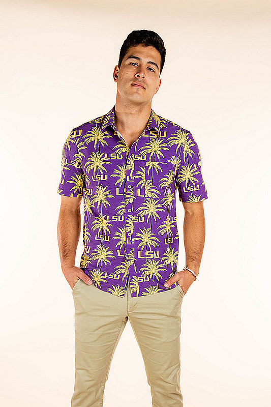 blue shirt with palm trees