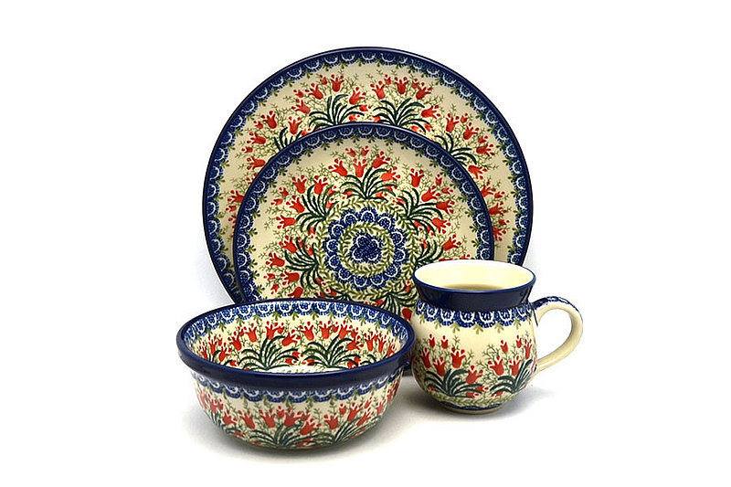 Ceramika Artystyczna Polish Pottery 4-pc. Place Setting with Standard Bowl - Crimson Bells S25-1437a (Ceramika Artystyczna)