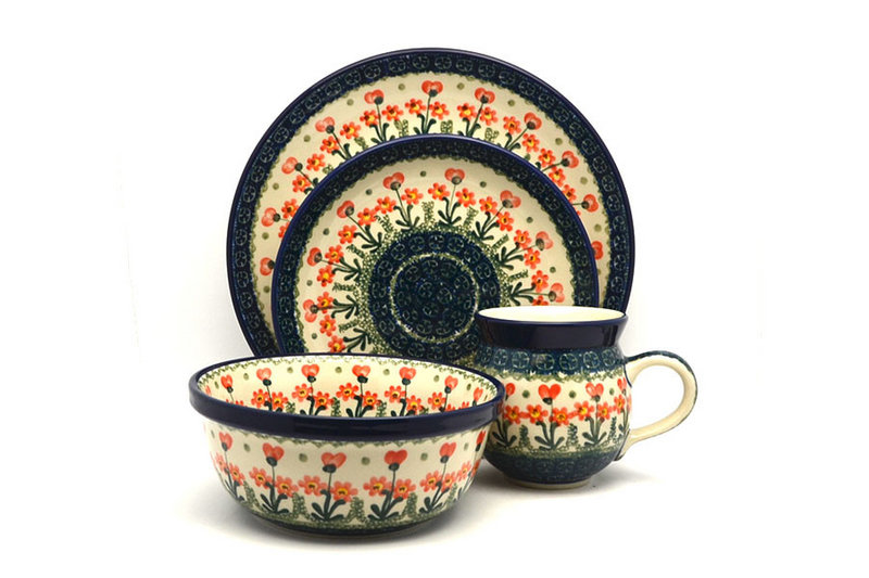 Ceramika Artystyczna Polish Pottery 4-pc. Place Setting with Standard Bowl - Peach Spring Daisy S25-560a (Ceramika Artystyczna)
