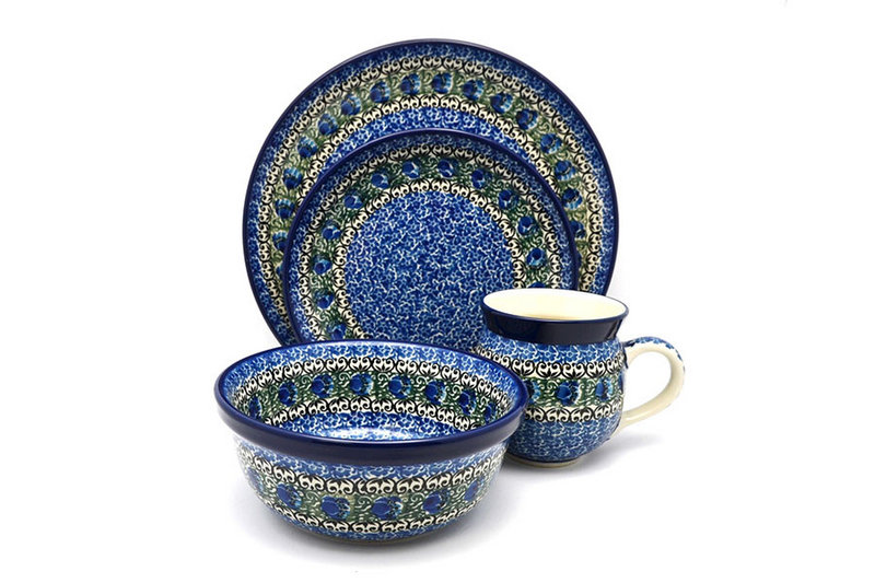 Polish Pottery 4-pc. Place Setting with Standard Bowl - Peacock Feather