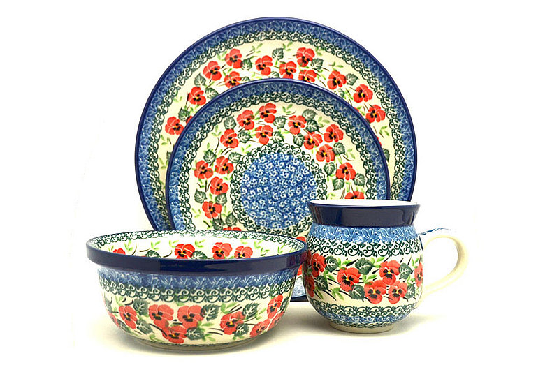 Ceramika Artystyczna Polish Pottery 4-pc. Place Setting with Standard Bowl - Red Pansy S25-2538a (Ceramika Artystyczna)