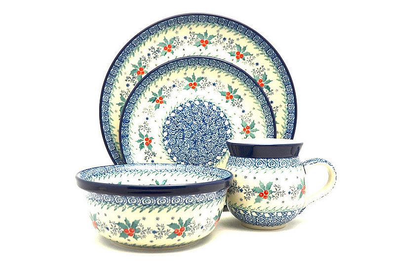Ceramika Artystyczna Polish Pottery 4-pc. Place Setting with Standard Bowl - Winter Holly S25-2973a (Ceramika Artystyczna)