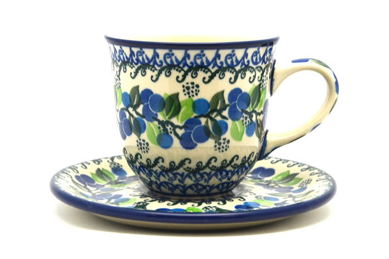 Ceramika Artystyczna Polish Pottery 8 oz. Cup & Saucer - Blue Berries B66-1416a (Ceramika Artystyczna)