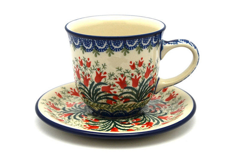 Polish Pottery 8 oz. Cup & Saucer - Crimson Bells