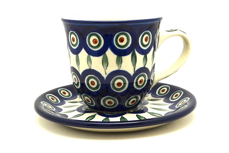 Ceramika Artystyczna Polish Pottery 8 oz. Cup & Saucer - Peacock B66-054a (Ceramika Artystyczna)