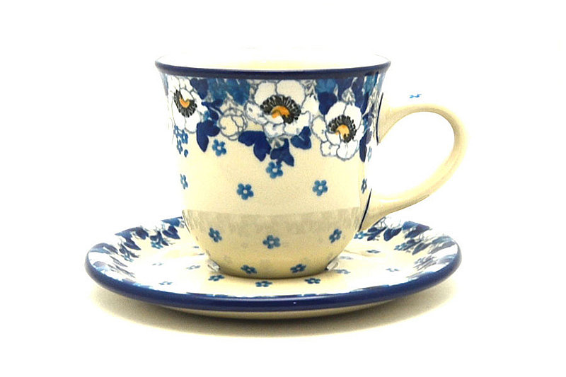 Ceramika Artystyczna Polish Pottery 8 oz. Cup & Saucer - White Poppy B66-2222a (Ceramika Artystyczna)