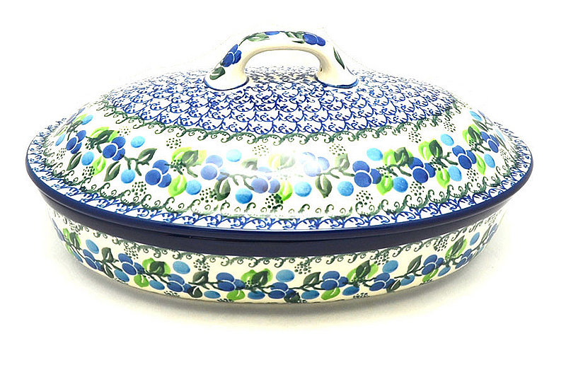 Polish Pottery Baker - Oval Covered - Large - Blue Berries