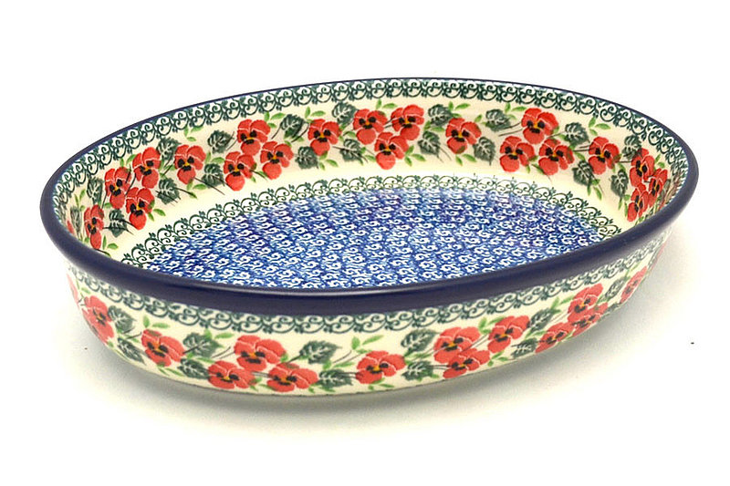 Ceramika Artystyczna Polish Pottery Baker - Oval - Medium - Red Pansy 298-2538a (Ceramika Artystyczna)
