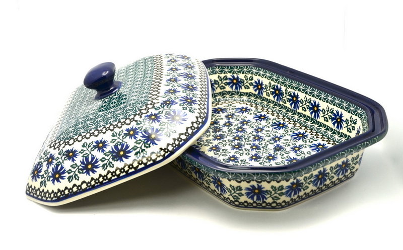 Polish Pottery Baker - Rectangular Covered - Blue Chicory