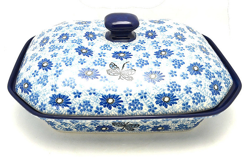 Ceramika Artystyczna Polish Pottery Baker - Rectangular Covered - Large - Blue Dragonfly 665-2999a (Ceramika Artystyczna)