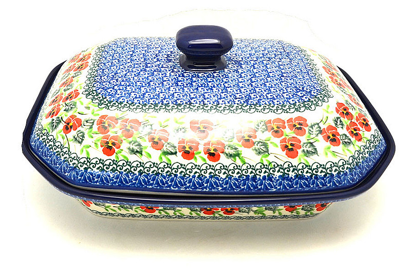 Ceramika Artystyczna Polish Pottery Baker - Rectangular Covered - Large - Red Pansy 665-2538a (Ceramika Artystyczna)