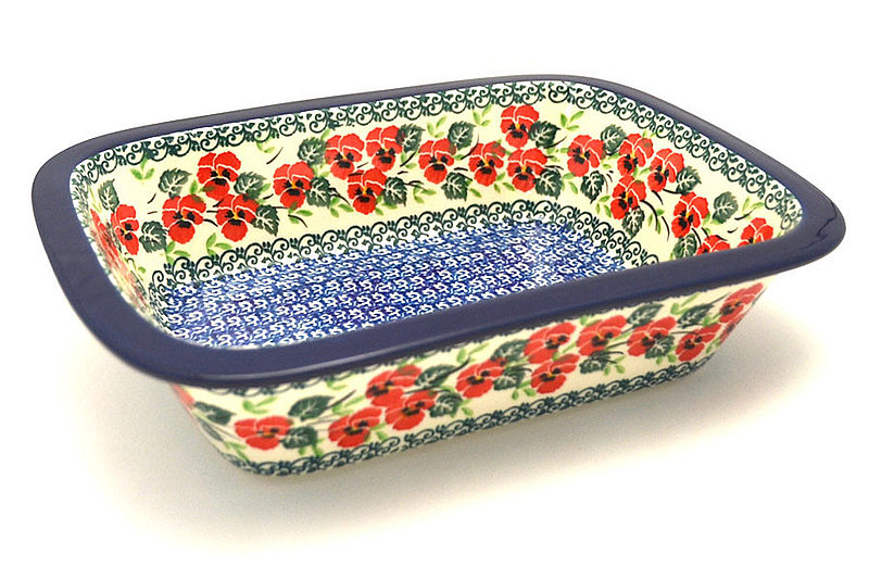 Ceramika Artystyczna Polish Pottery Baker - Rectangular with Grip Lip - Red Pansy 162-2538a (Ceramika Artystyczna)