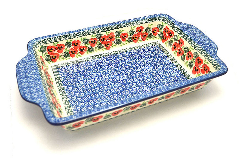 Ceramika Artystyczna Polish Pottery Baker - Rectangular with Tab Handles - 7 cups - Red Pansy A59-2538a (Ceramika Artystyczna)