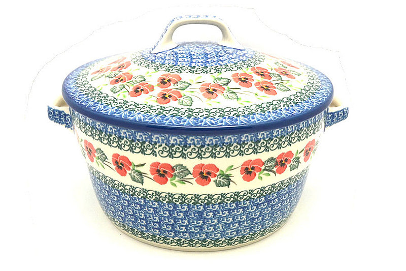 Polish Pottery Baker - Round Covered Casserole - Red Pansy