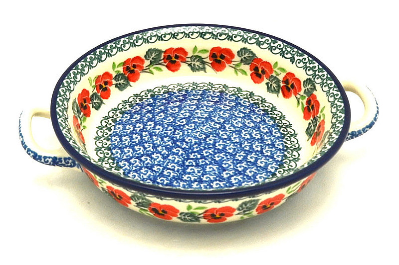 Ceramika Artystyczna Polish Pottery Baker - Round with Handles - Single Serve - Red Pansy C40-2538a (Ceramika Artystyczna)