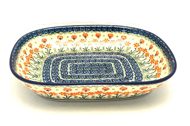 Ceramika Artystyczna Polish Pottery Baker - Shallow Rectangular - Medium - Peach Spring Daisy 158-560a (Ceramika Artystyczna)
