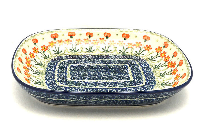 Ceramika Artystyczna Polish Pottery Baker - Shallow Rectangular - Small - Peach Spring Daisy 159-560a (Ceramika Artystyczna)